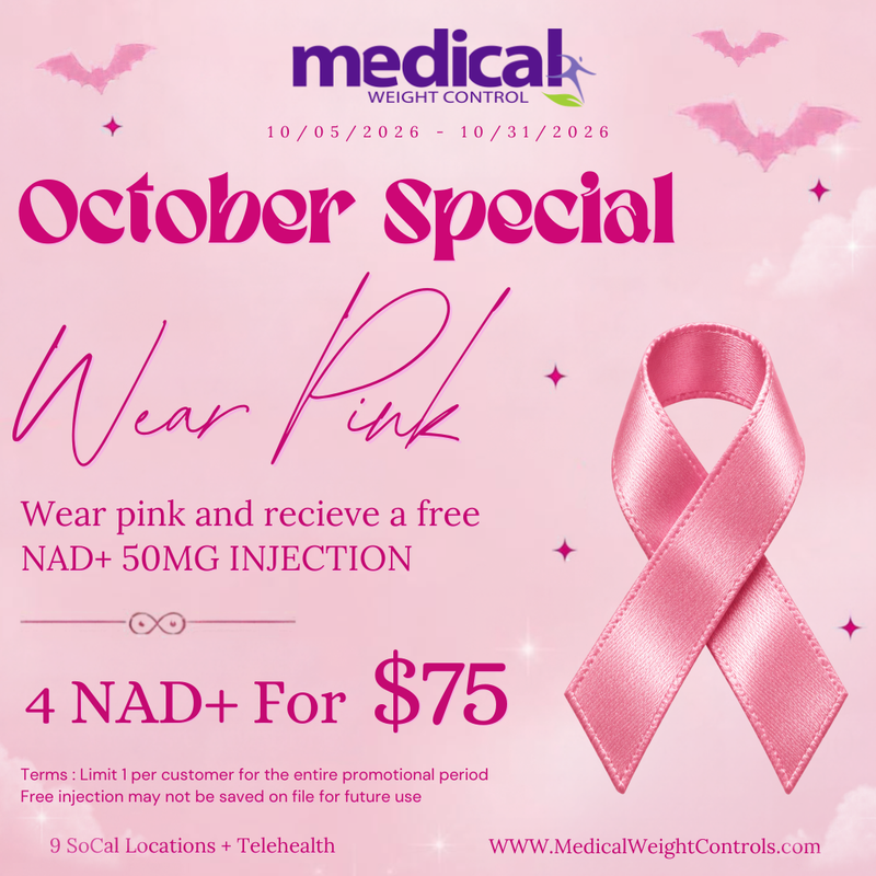 Wear Pink for October flyer: 4 NAD+ injections $75. NAD+ 50 mg injection when you wear pink Free. Ends October 31, 2026.